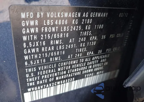 2012 Volkswagen Tiguan Le из США, поврежденный, VIN WVGAV7AX2CW582223